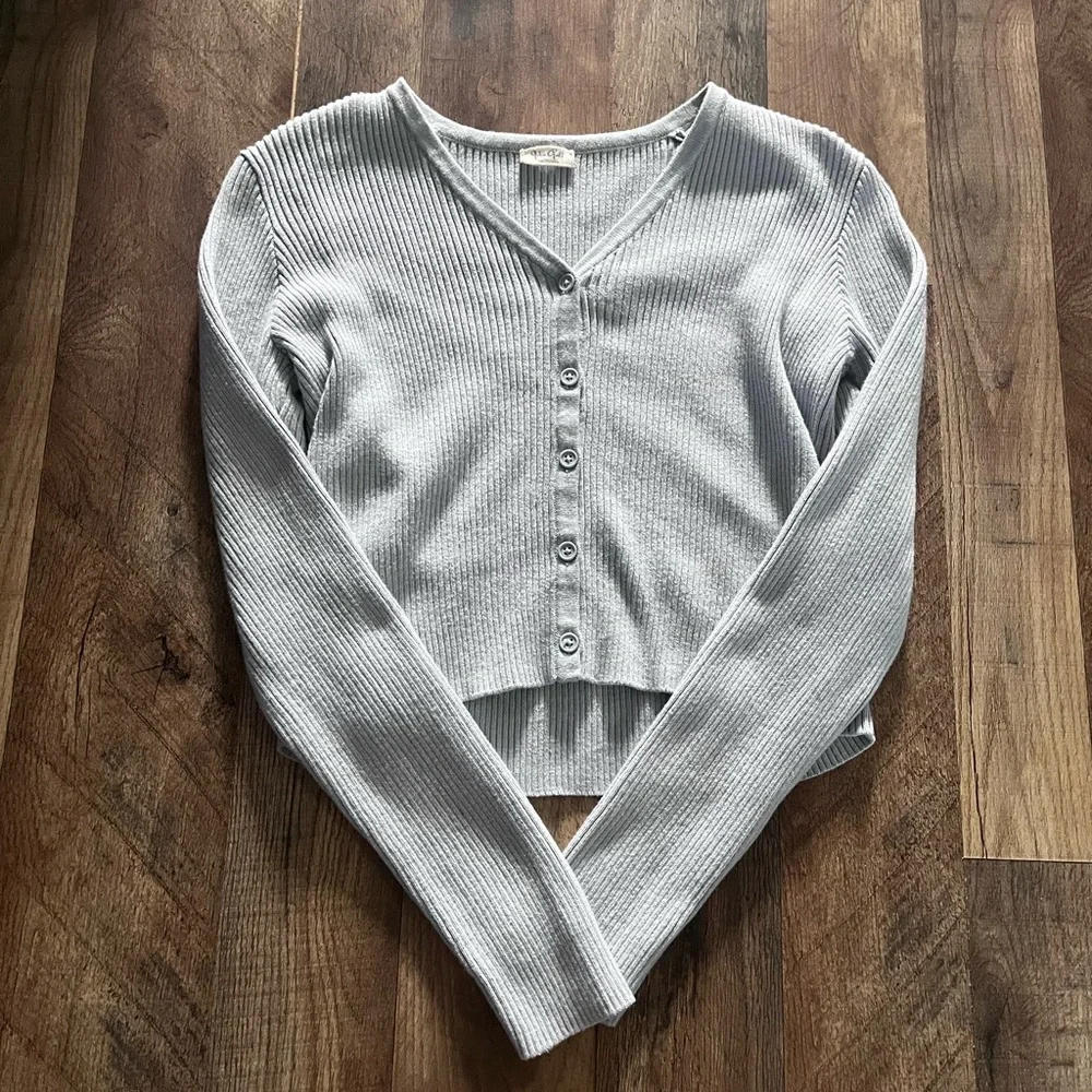 Light Blue Ribbed Button-Up Cardigan - Picture 1 of 3